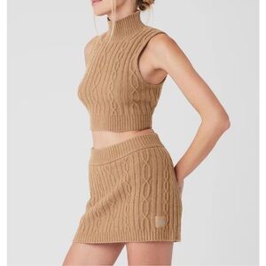 ALO WINTER BLISS Cable Knit Tan Sleeveless Crop Top and Skirt Set